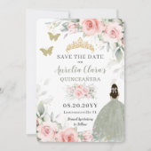 Rosa Blumenprinzessin Sage Green Quinceañera Save The Date (Vorderseite)