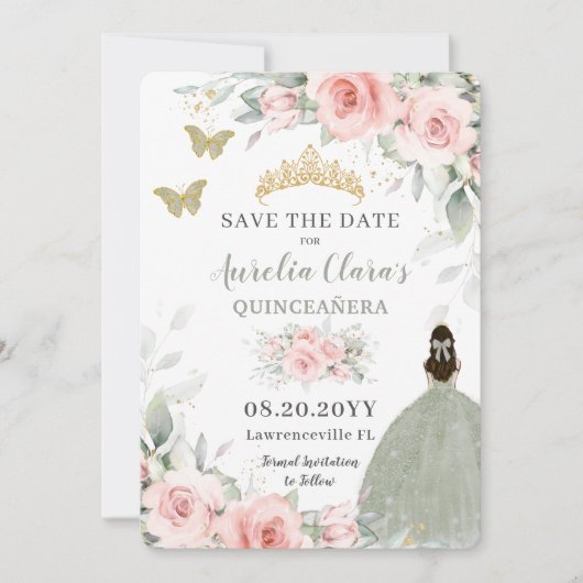 Rosa Blumenprinzessin Sage Green Quinceañera Save The Date (Vorderseite)