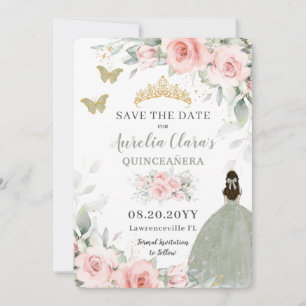 Rosa Blumenprinzessin Sage Green Quinceañera Save The Date