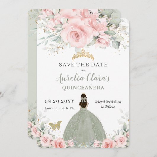 Rosa Blumenprinzessin Sage Green Quinceañera Save The Date (Vorne/Hinten)