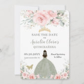 Rosa Blumenprinzessin Sage Green Quinceañera Save The Date (Vorderseite)
