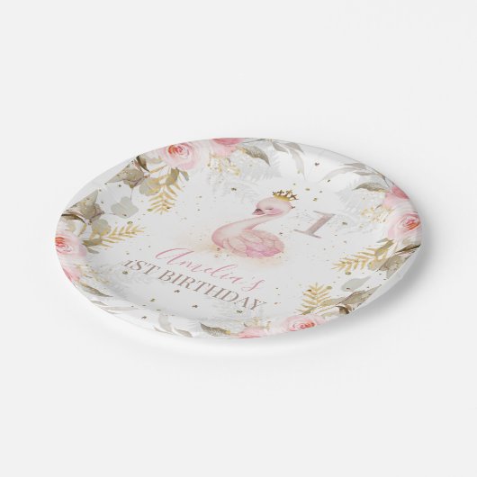 Rosa BlumenPrinzessin Swan 1. Geburtstag Pappteller (Schrägansicht)