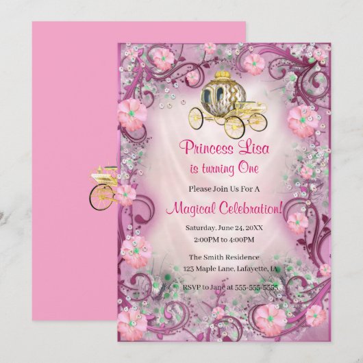 Rosa BlumenPrinzessin Verzauberte 1. Geburtstag Einladung (Vorne/Hinten)