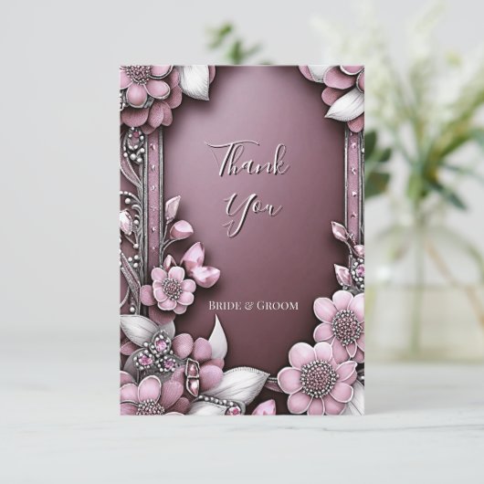 Rosa Blumenrahmen Danke Karte (Stehend Vorderseite)