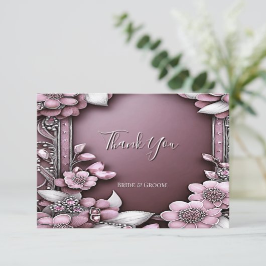 Rosa Blumenrahmen Danke Karte (Stehend Vorderseite)
