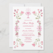 Rosa Blumenrahmen Erste heilige Kommune Einladung (Vorderseite)