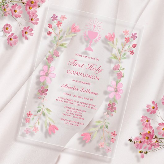 Rosa Blumenrahmen Erste heilige Kommune klar Acryleinladungen
