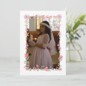 Rosa Blumenrahmen Erste Kommunion Danke Karte (Stehend Vorderseite)