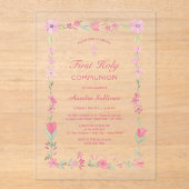 Rosa Blumenrahmen Erste Kommunion klar Acryleinladungen (Vorderseite)