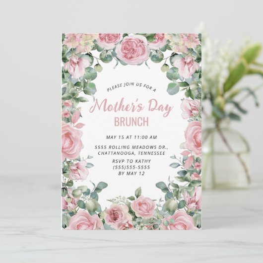 Rosa Blumenrahmen Muttertag Brunch Einladung (Stehend Vorderseite)