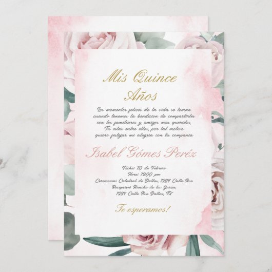 Rosa Blumenrahmen Quinceanera Spanisch Einladung (Vorne/Hinten)