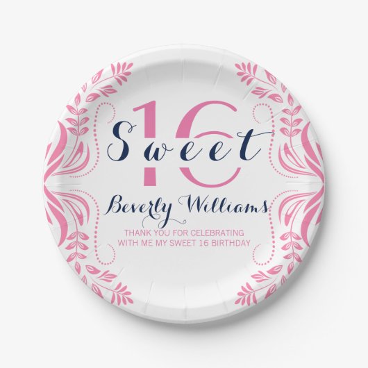 Rosa Blumenrahmen Sweet 16 Template Pappteller (Vorderseite)
