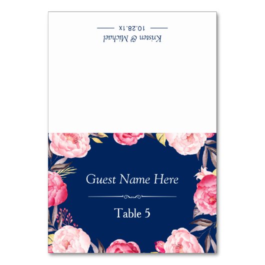 Rosa Blumenreath Classy Navy Blue Wedding Place Tischnummer (Vorderseite)