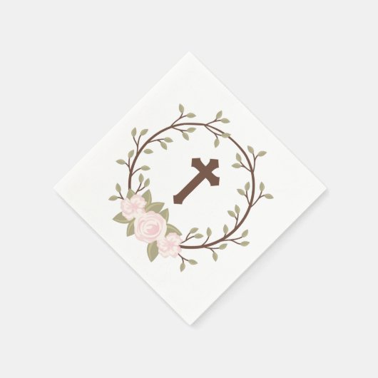 Rosa Blumenreath Cross Taufe Christening Serviette (Ecke)