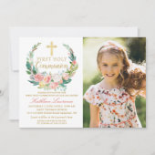 Rosa Blumenreath Erster Kommunionszug Foto Einladung (Vorderseite)