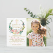 Rosa Blumenreath Erster Kommunionszug Foto Einladung (Stehend Vorderseite)