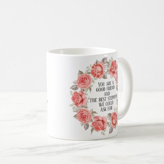Rosa Blumenreath Frohe Mutter Day-Stepmutter Kaffeetasse (VorderseiteRechts)