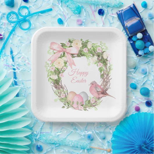 Rosa Blumenreath Happy Oaster Pappteller (Party)