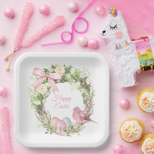 Rosa Blumenreath Happy Oaster Pappteller (Party)