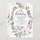 Rosa Blumenreath Koala Bären Einladung zum Geburts (Vorne/Hinten)