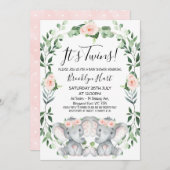 Rosa Blumenreath Zwillingsschwanz Elephant Babydus Einladung (Vorne/Hinten)