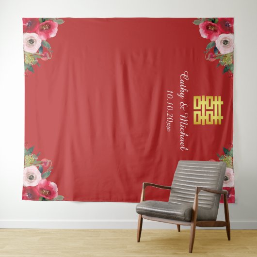 Rosa blumenreiche chinesische Hochzeitskulisse Fot Wandteppich (Beispiel (Horizontal))