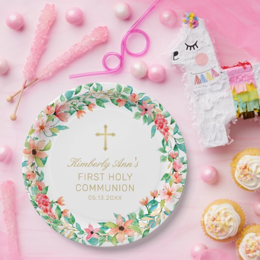 Rosa Blumenreste Goldkreuz Name der ersten Kommune Pappteller (Party)