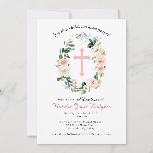 Rosa Blumenreste Taufe Einladung (Vorderseite)