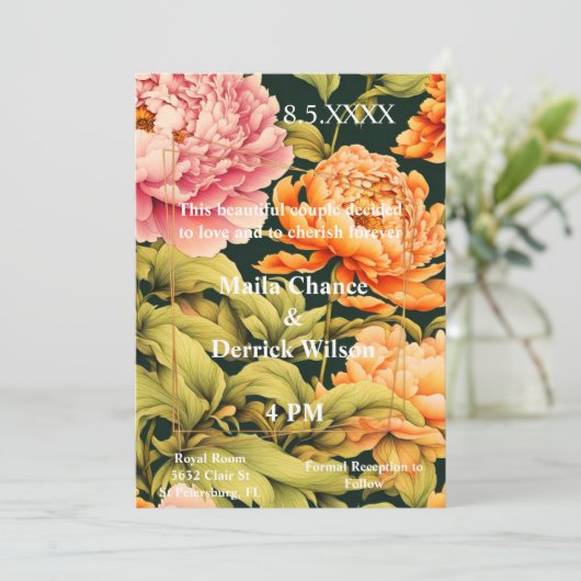 Rosa Blumenrosa, orange, grüne Rahmen Elegante Hoc Einladung (Stehend Vorderseite)