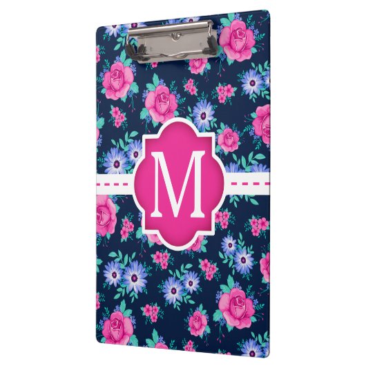 Rosa BlumenRosen-Muster-Gewohnheits-Monogramm Klemmbrett (Links)