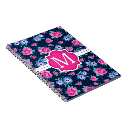 Rosa BlumenRosen-Muster-Gewohnheits-Monogramm Notizblock (Rechte Seite)