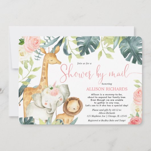 Rosa Blumensafari Dusche mit E-Mail Babydusche Einladung (Vorderseite)