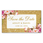 Rosa BlumenSave the Date GoldGlitzer-Minimagnet Magnetische Visitenkarte (Vorderseite)