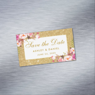 Rosa BlumenSave the Date GoldGlitzer-Minimagnet Magnetische Visitenkarte