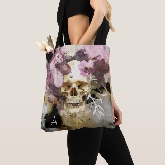 Rosa Blumenschädel Abstrakte Art mit Monogramm Tasche (Von Nahem)