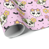 Rosa Blumenschädel und Fledermäuse Halloween Geschenkpapier (Rolleneckpunkt)