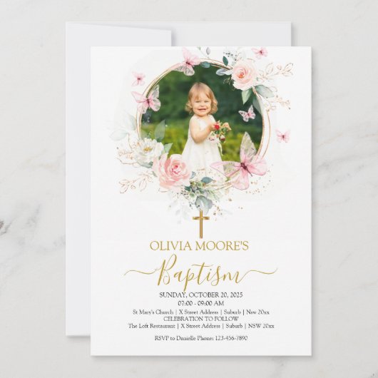 Rosa Blumenschmetterling - Taufe Einladung (Vorderseite)