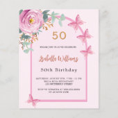 Rosa Blumenschmetterlinge Einladung zum Geburtstag (Vorderseite)
