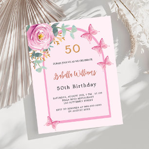 Rosa Blumenschmetterlinge Einladung zum Geburtstag