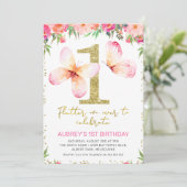 Rosa Blumenschmetterlinge Gold Glitzer 1. Geburtst Einladung (Stehend Vorderseite)