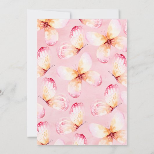 Rosa Blumenschmetterlinge Gold Glitzer Text Geburt Einladung (Rückseite)