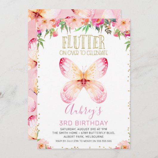 Rosa Blumenschmetterlinge Gold Glitzer Text Geburt Einladung (Vorne/Hinten)