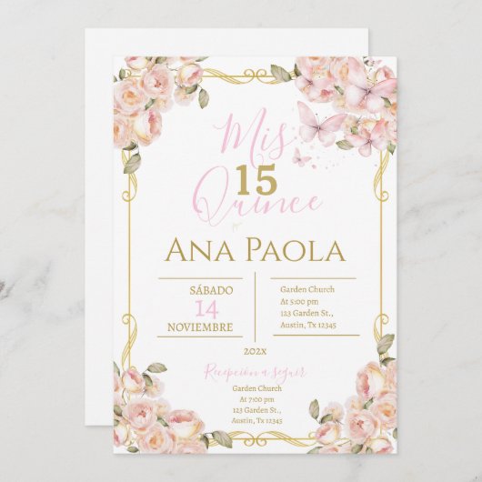 Rosa Blumenschmetterlinge Quinceañera Einladung (Vorne/Hinten)