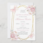 Rosa Blumenschmetterlinge Quinceañera Einladung (Vorderseite)