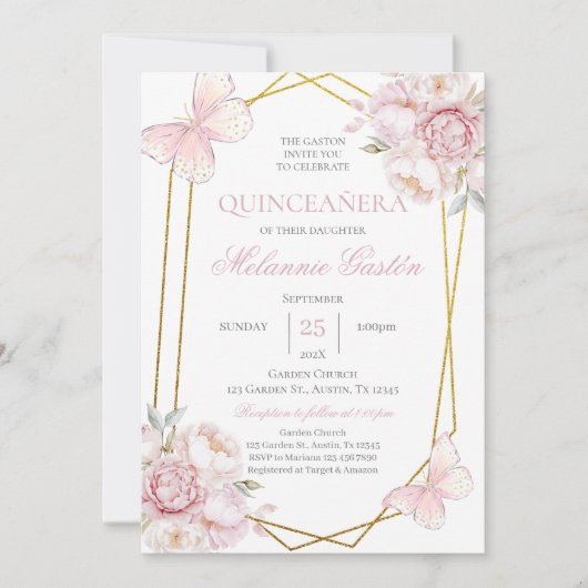 Rosa Blumenschmetterlinge Quinceañera Einladung (Vorderseite)