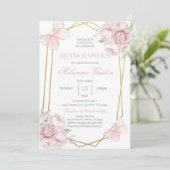 Rosa Blumenschmetterlinge Quinceañera Einladung (Stehend Vorderseite)