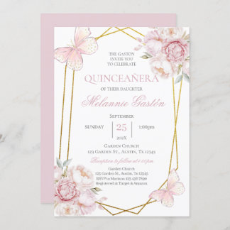 Rosa Blumenschmetterlinge Quinceañera Einladung