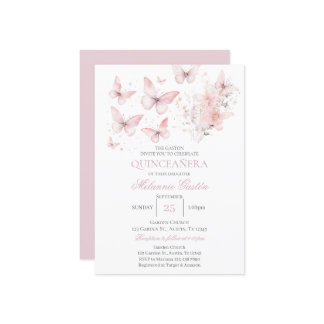 Rosa Blumenschmetterlinge Quinceañera Einladung