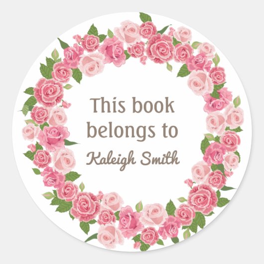 Rosa Blumenschrift auf der weißen Buchnamensplatte Runder Aufkleber (Vorderseite)