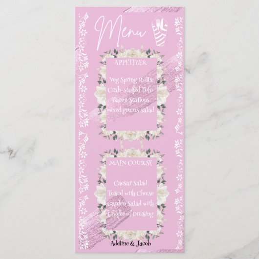 Rosa Blumenschrift Hochzeitskarte Menükarte (Vorderseite)